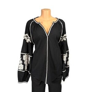 Scarlett Poppies The‎ Voyage Black Embroidered Balloon Sleeve Cotton Tunic Top L